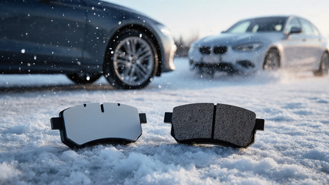 Сравнение керамической и органической тормозных колодок на зимней дороге со снегом.