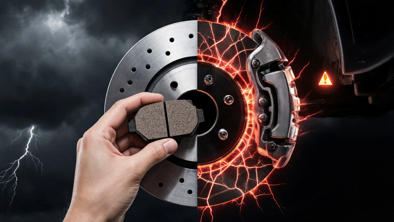 Сравнение новых и изношенных тормозных колодок с трещинами на диске.