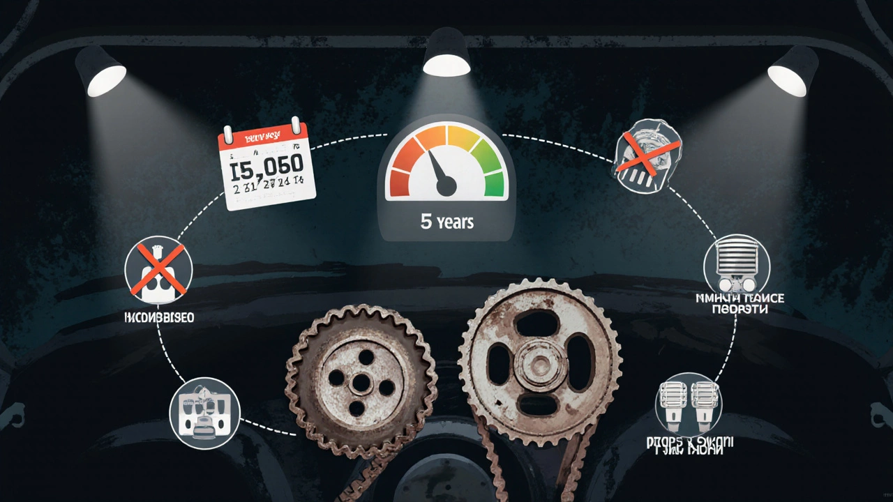 Сравнение старого треснувшего и нового ремня ГРМ с иконками последствий поломки двигателя.