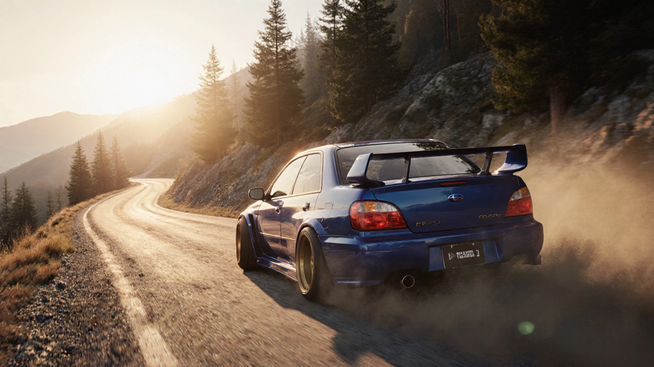 Subaru Impreza WRX STI в дрифте на горной дороге на рассвете с пылью и туманом.