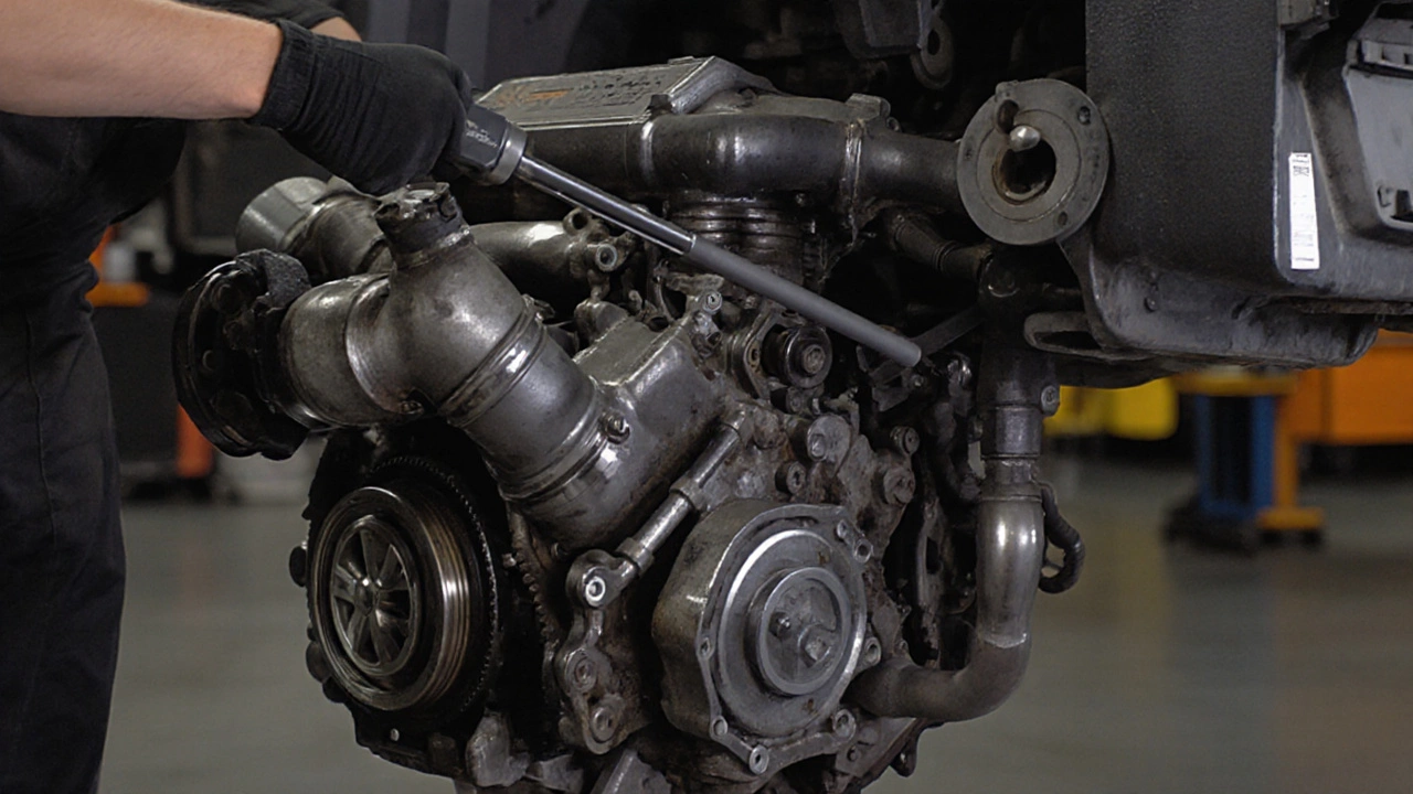 Техник использует динамометрический ключ для затяжки болтов на турбодвигателе с частично разобранными узлами.