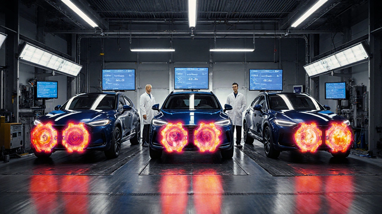 Три автомобиля в лаборатории проходят тест торможения, на мониторах отображаются разные тормозные пути.