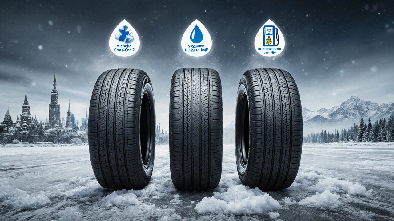 Три модели всесезонных шин с символами 3PMSF, влаги и экономии топлива на ледяной дороге, с фоном российских зимних пейзажей.