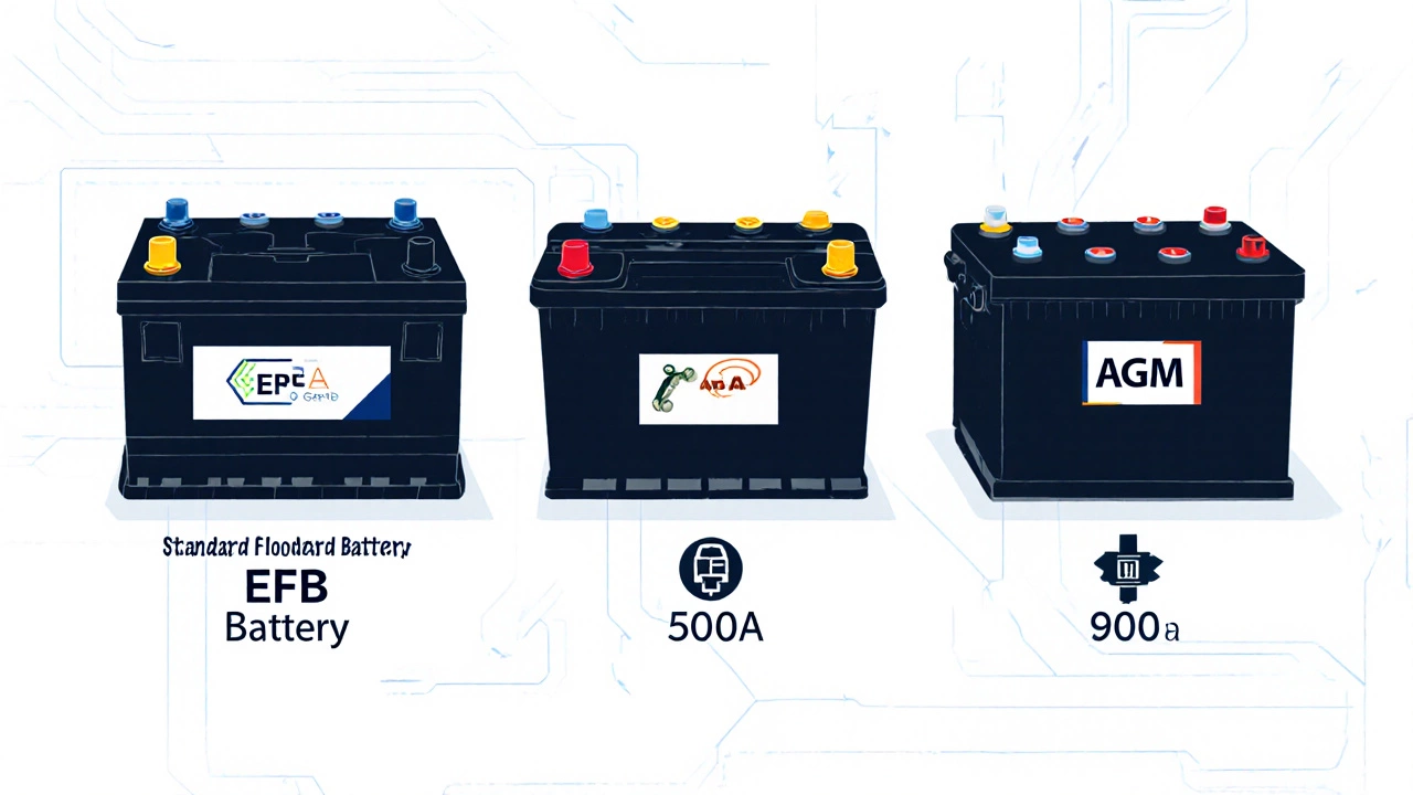 Три типа автомобильных аккумуляторов — LF, EFB и AGM — с маркировкой и иконками для бензинового, дизельного и современного двигателей.