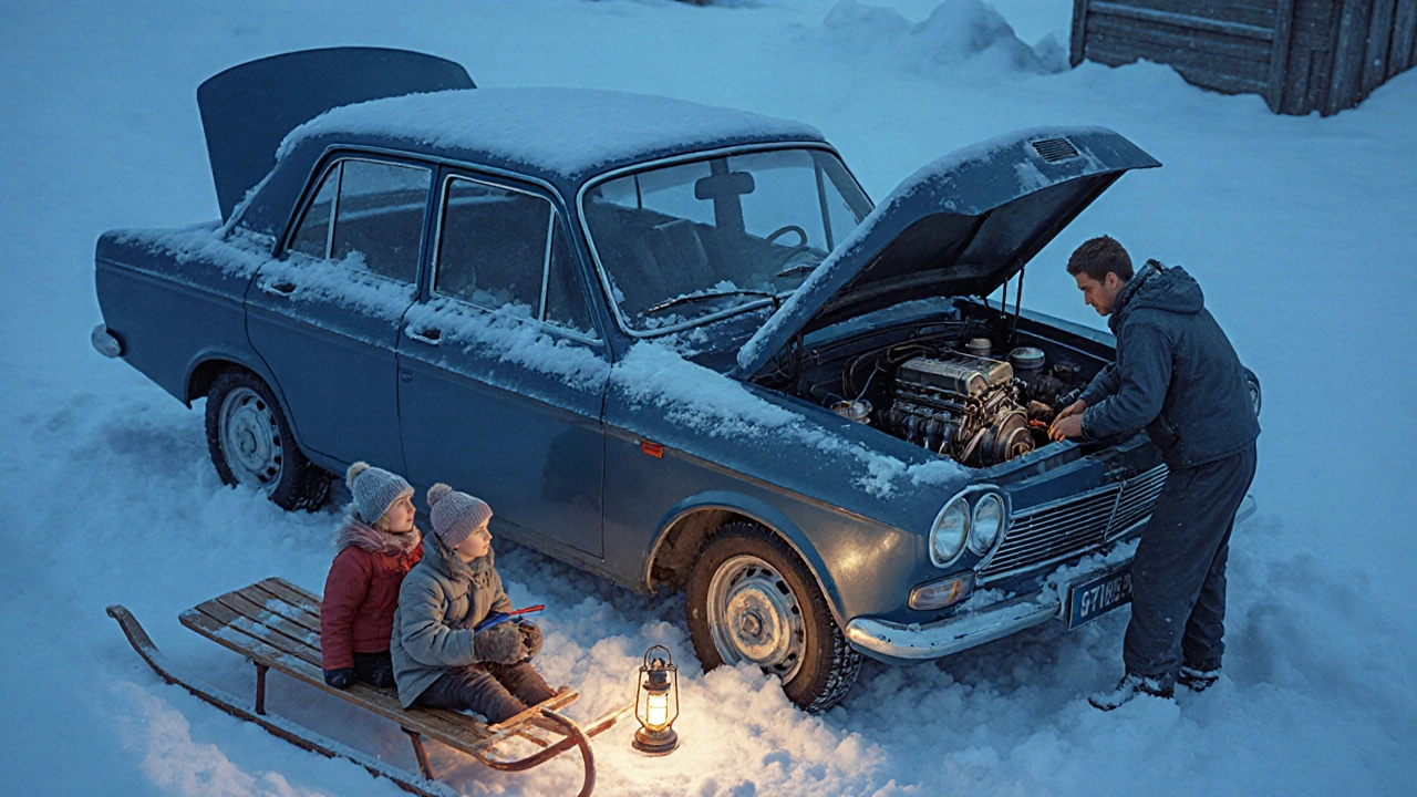 ВАЗ-2106 в сибирской метели, механик чинит двигатель простыми инструментами.