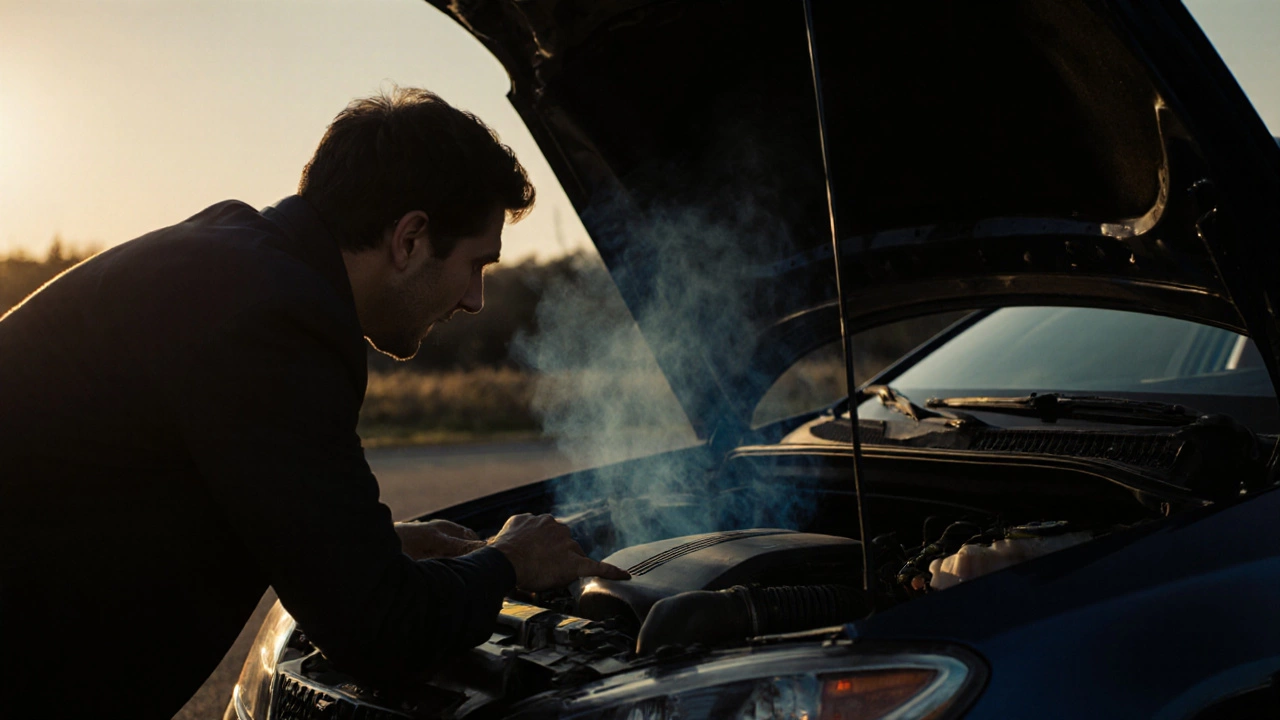 Водитель проверяет двигатель под капотом, из-под крышки поднимается легкий синий дым.