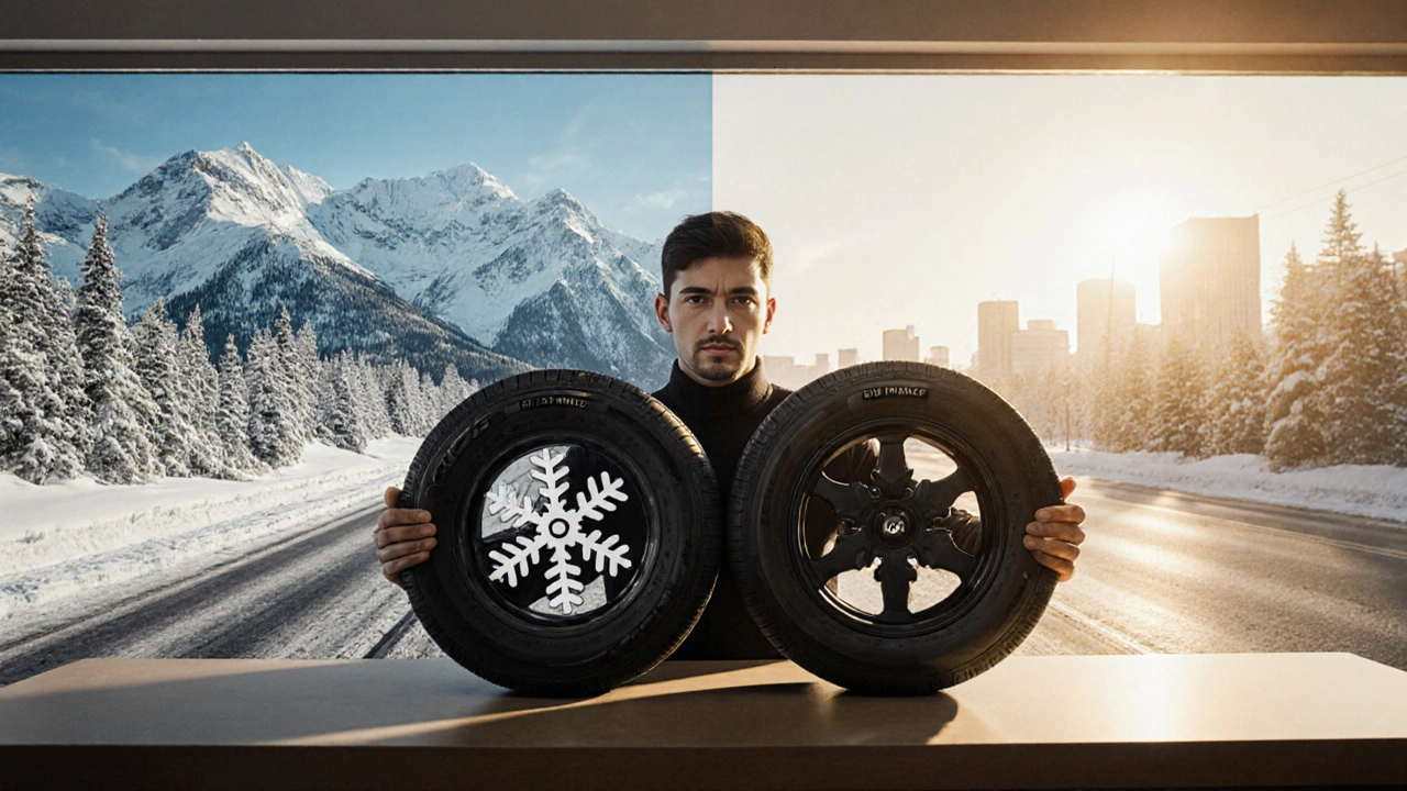 Водитель выбирает между шинами M+S и 3PMSF на фоне зимнего и летнего пейзажа
