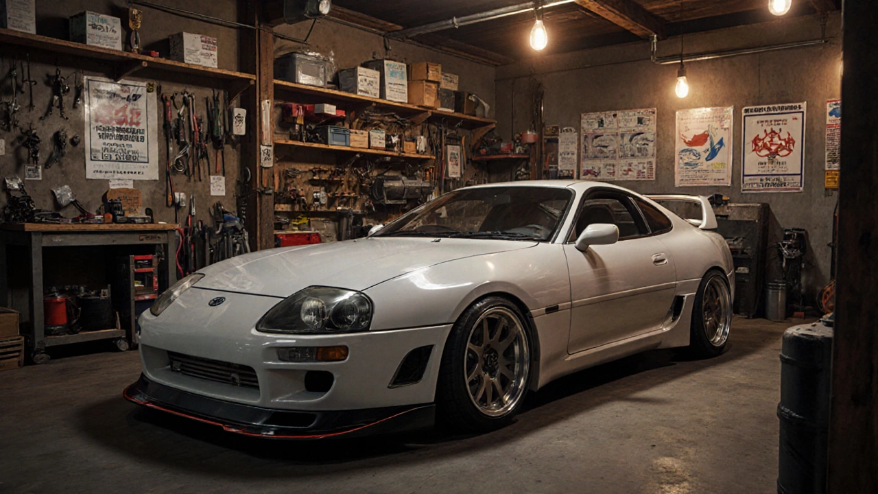 Восстановленный Toyota Supra A80 в японской гаражной мастерской с инструментами и тюнинг-деталями.
