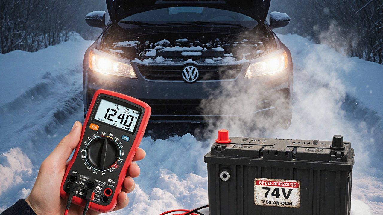 Зимой в автомобиле включены фары, аккумулятор 75 А·ч AGM питает электронику, мультиметр показывает напряжение 12,4 В.