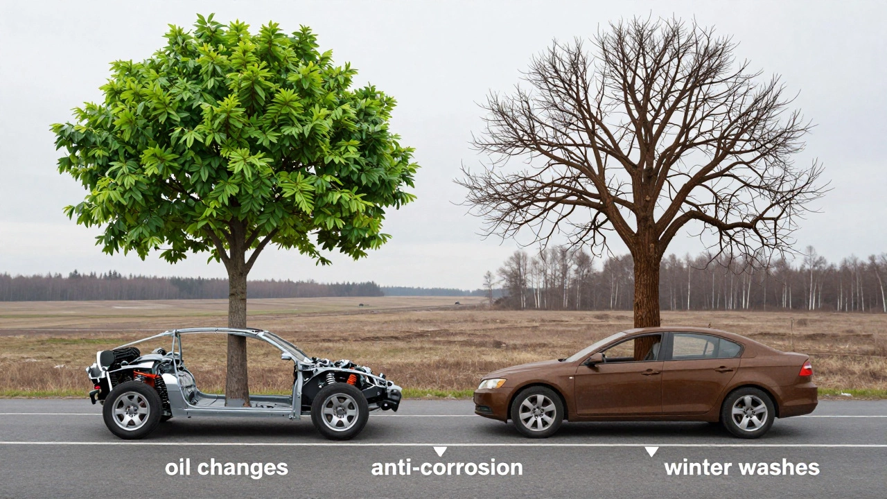 Концептуальное изображение автомобиля как дерева: здоровые ветви — обслуживание, сухие — пренебрежение.