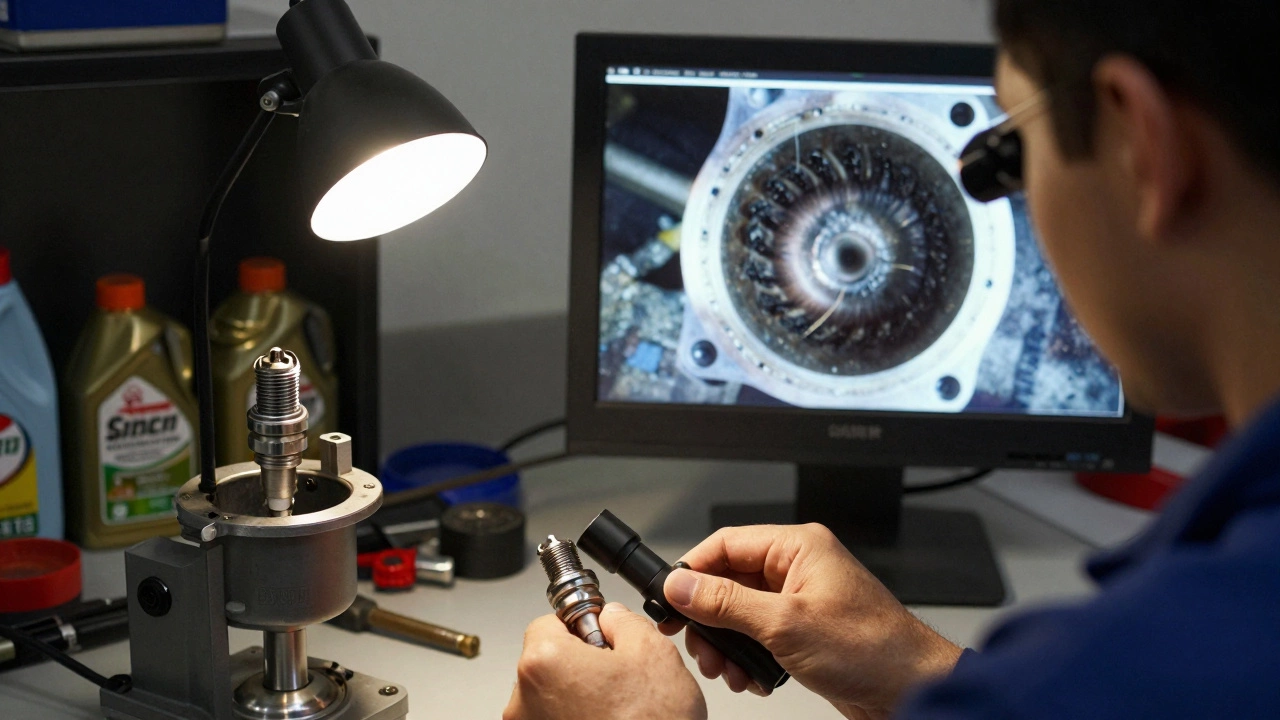 Механик использует бороскоп для осмотра цилиндра через свечное отверстие.