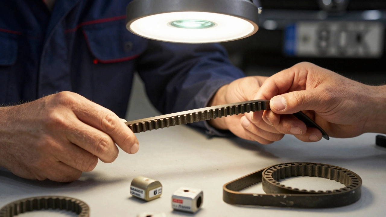 Механик осматривает изношенный ремень ГРМ под лупой в автосервисе.