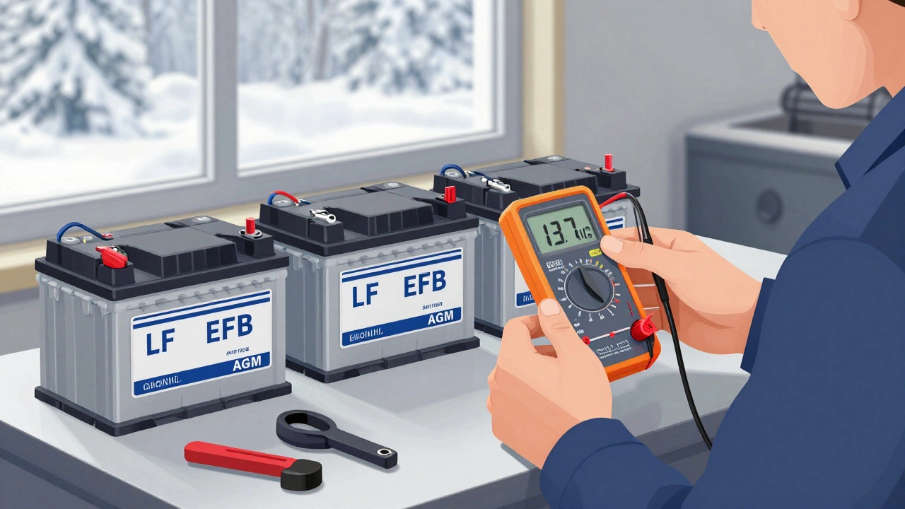 Механик проверяет аккумулятор мультиметром, на столе три типа батарей, за окном снег.