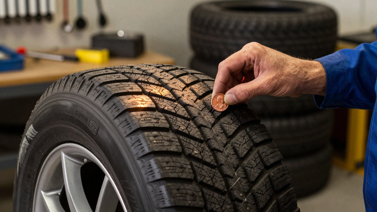 Механик проверяет глубину протектора зимней шины с помощью канадской монеты, на боковине виден знак снежинки.