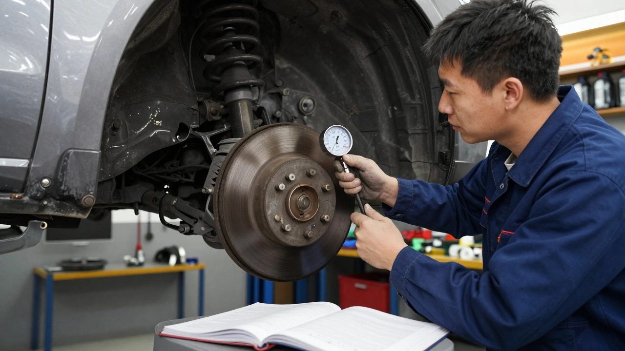 Механик проверяет тормозные диски автомобиля с пробегом 120 000 км в автосервисе.