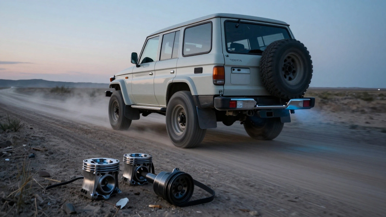 Модифицированный внедорожник на дороге с разбросанными у деталями двигателя — символ правильного и неправильного форсирования.