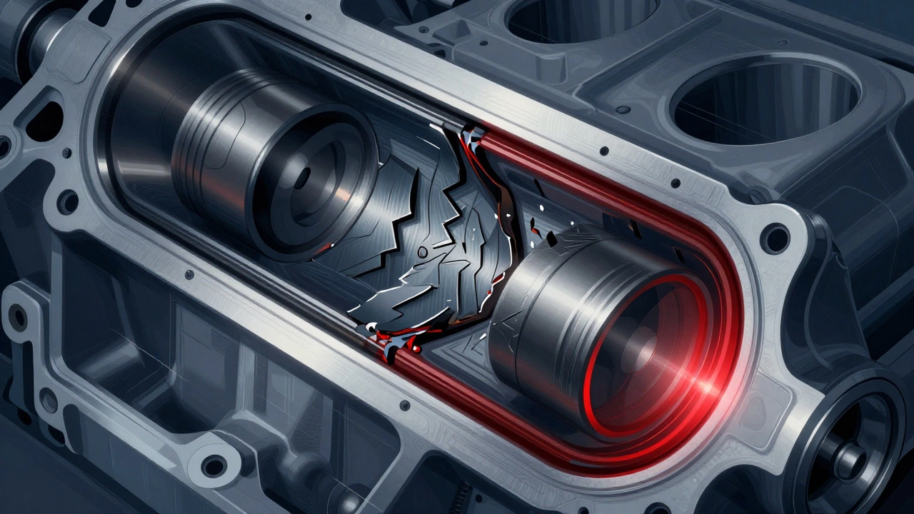 Поперечный разрез цилиндра двигателя с глубокими задирами и отсутствием масляной плёнки.