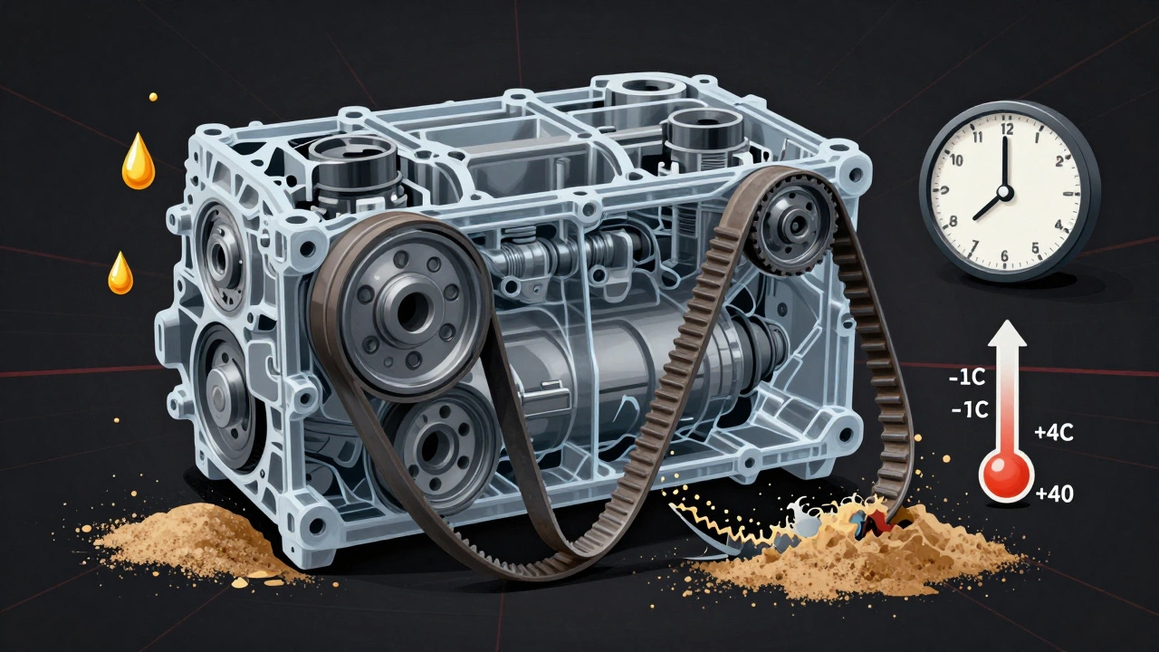 Прозрачный двигатель с对比: новый и изношенный ремень ГРМ под угрозами времени и грязи.