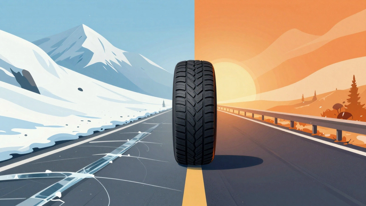 Разделённая сцена: зимние и летние условия с компромиссной всесезонной шиной посередине.