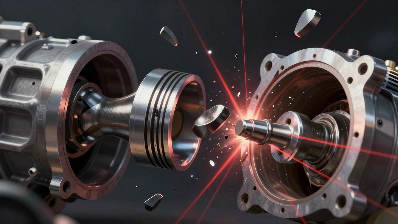 Разрез двигателя: поршень сталкивается с изогнутым клапаном, металлические осколки в воздухе.