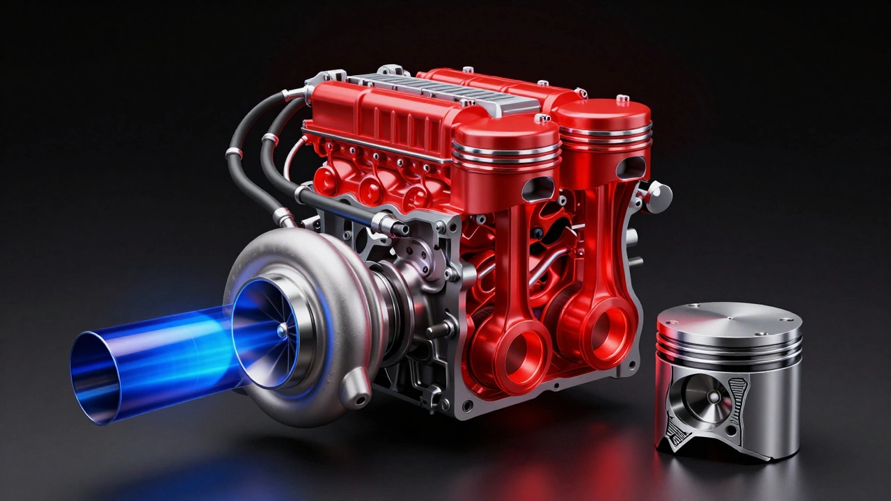 Разрез двигателя с нагревающимися поршнями, турбиной и давлением масла — стандартный поршень рядом с усиленным.