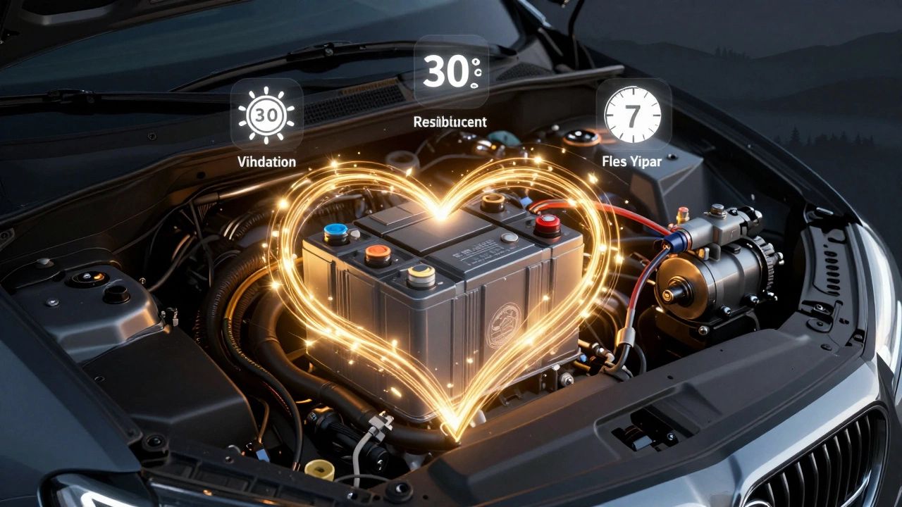 Схематичное изображение аккумулятора в виде сердца, пульсирующего энергией в моторном отсеке.
