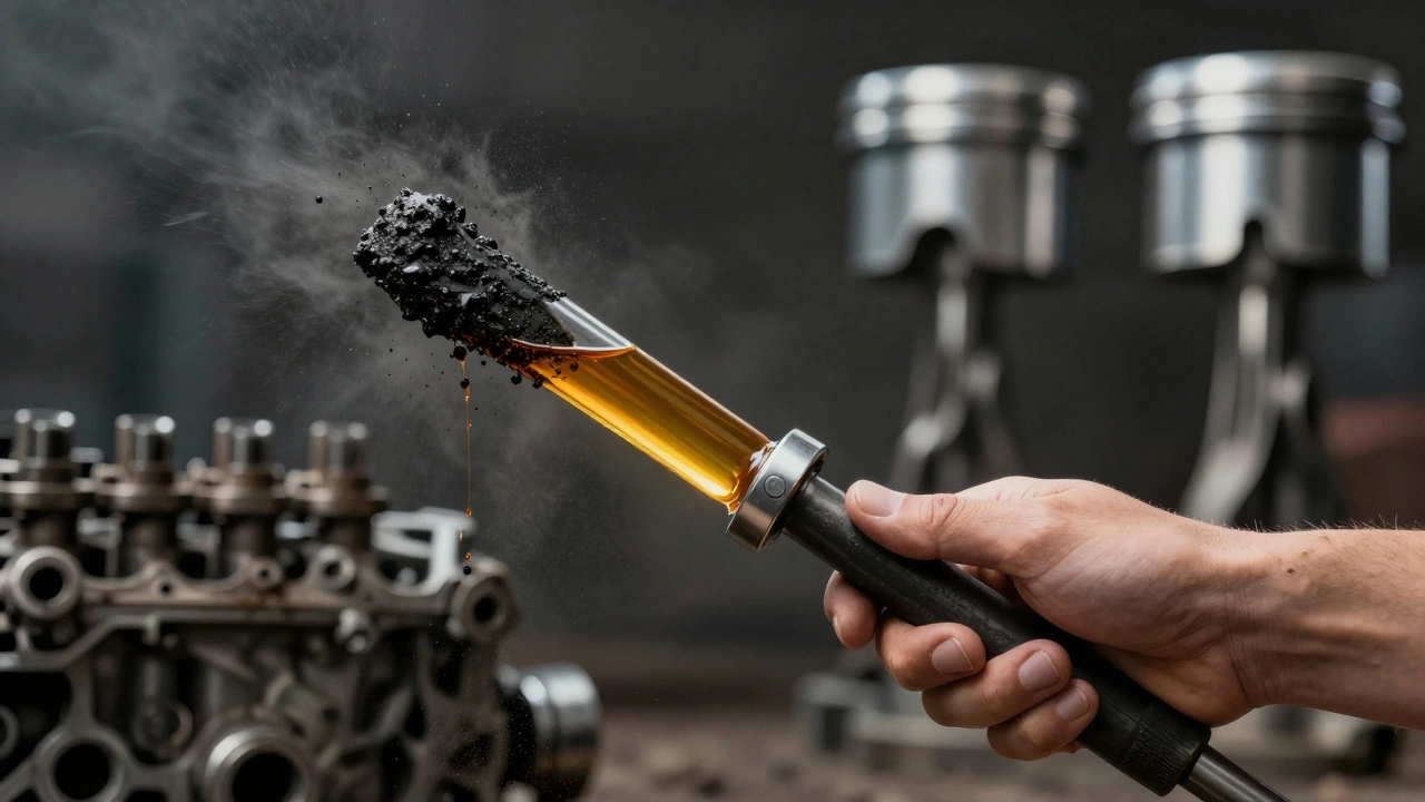 Сравнение чистого и грязного масла на щупе двигателя.