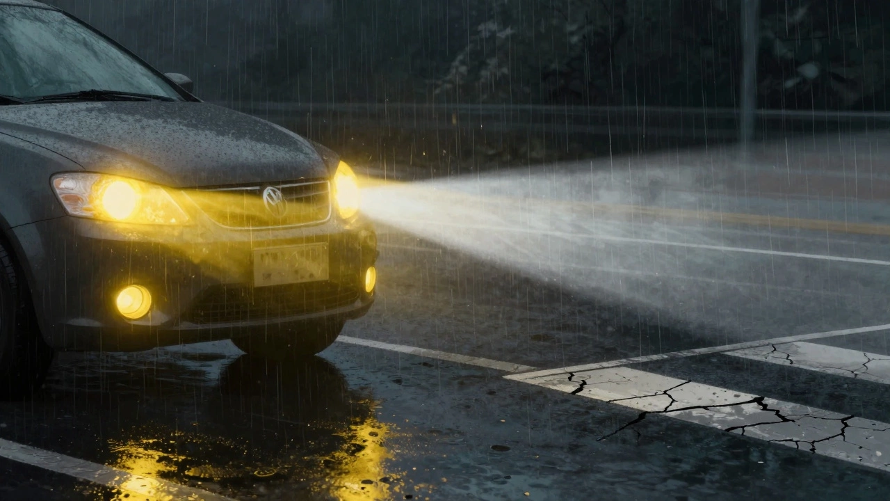 Сравнение света галогенок и светодиодов на мокрой дороге: один — размытый и ослепляющий, другой — четкий и направленный.