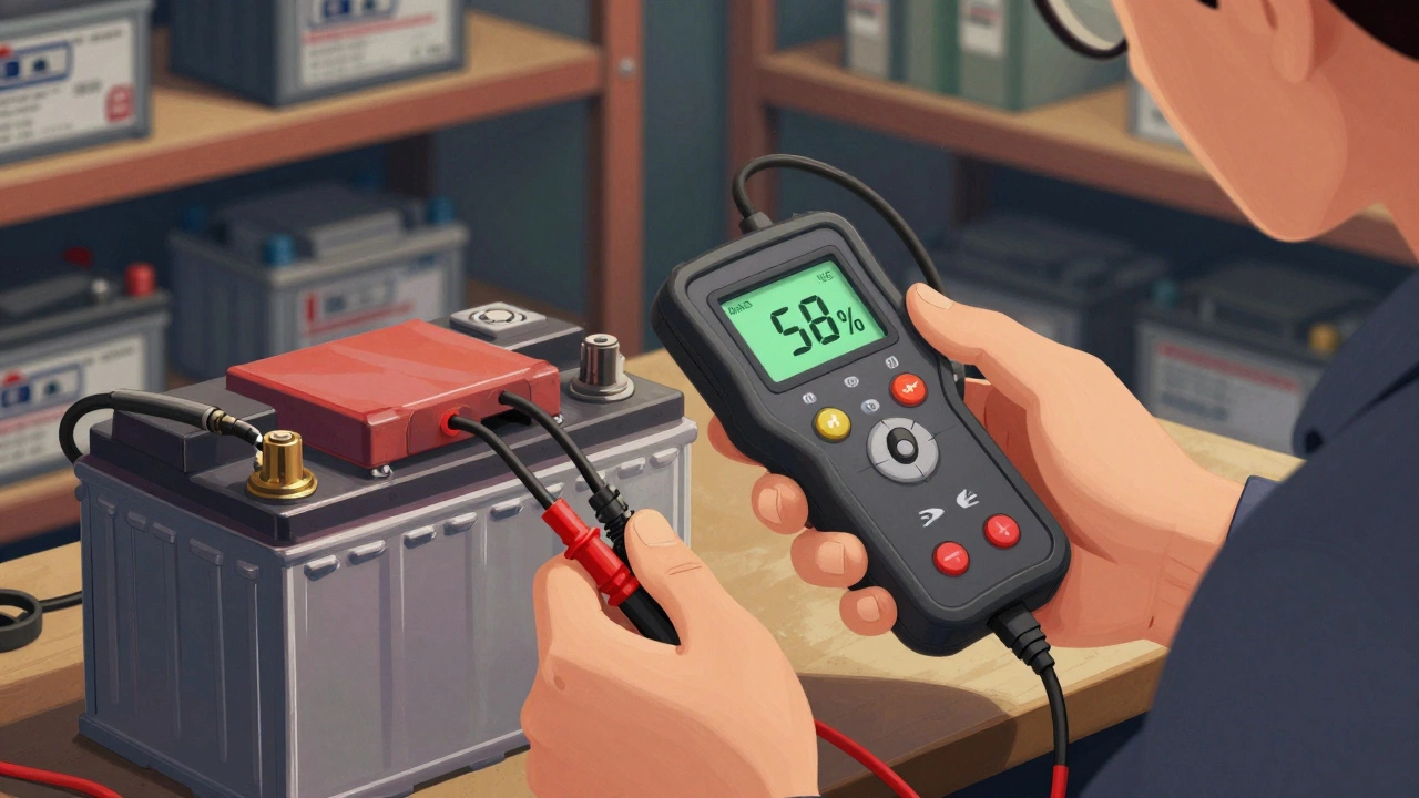 Техник проверяет аккумулятор нагрузочной вилкой, на дисплее — 58% емкости.