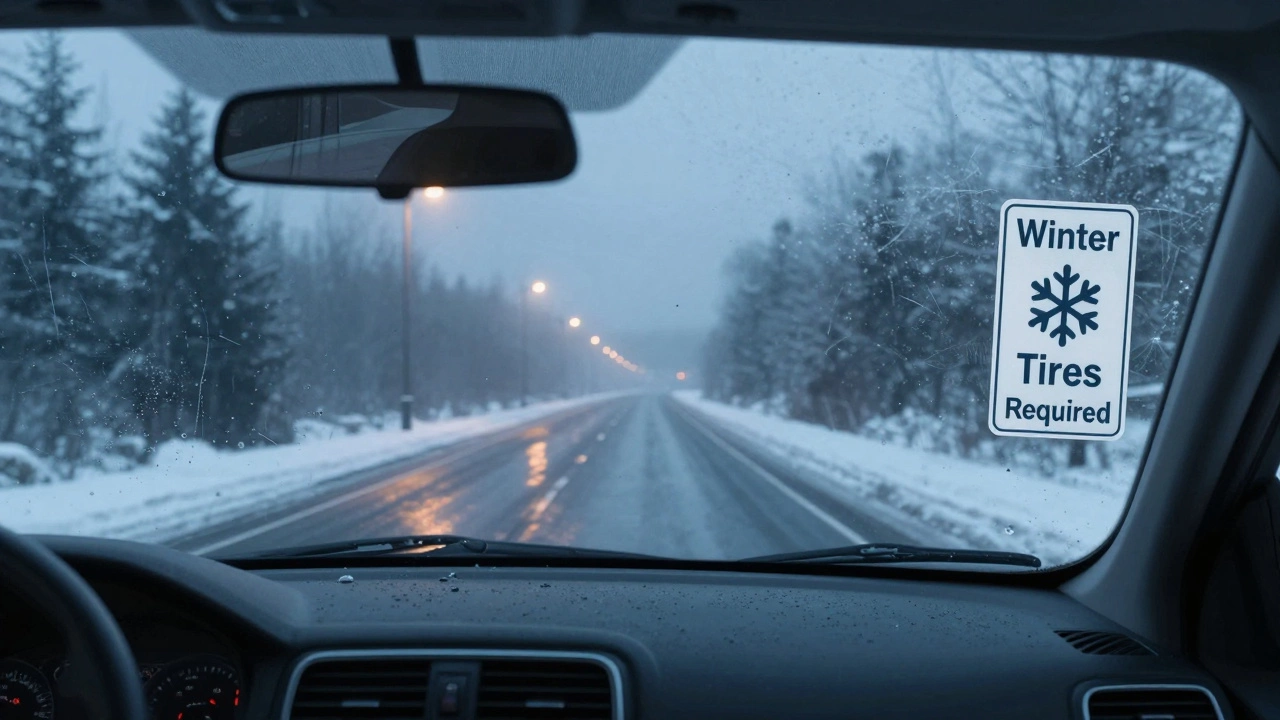 Вид через лобовое стекло: дорога с черным льдом и знак 'Требуются зимние шины' с символом снежинки.