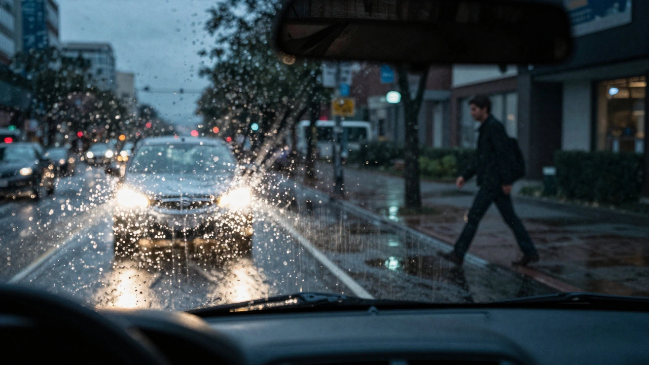 Вид из машины в дождь: одна половина — ослепительный свет, другая — четкое видение пешехода у лужи.
