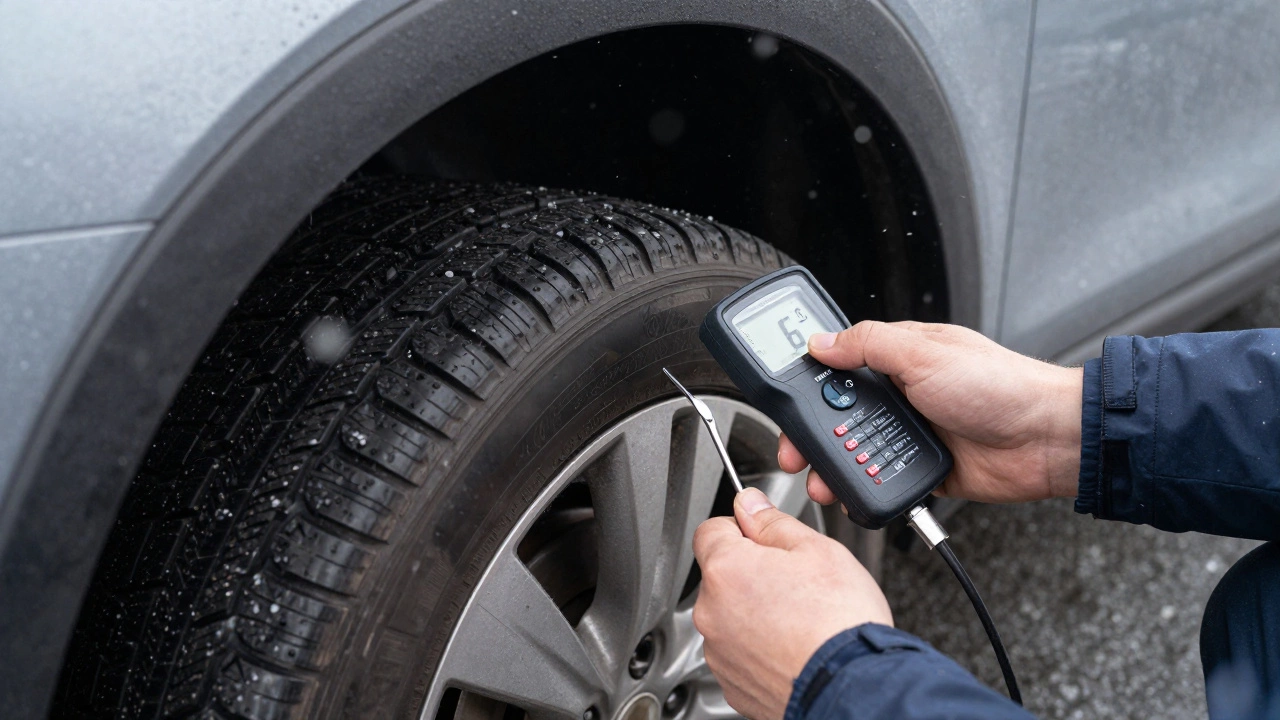 Водитель измеряет глубину протектора шины при температуре -6°C с легким снегом на фоне.