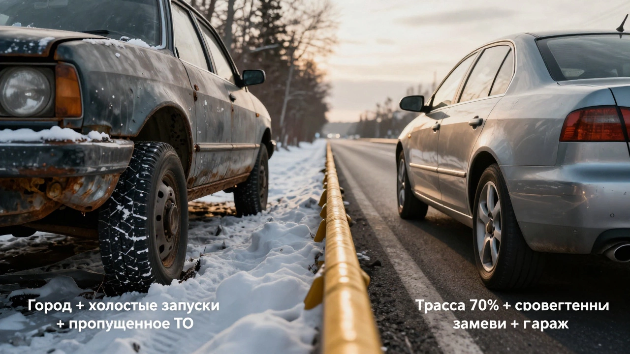 Два автомобиля: один ржавый в снегу, другой блестящий на трассе — сравнение влияния ухода на срок службы.