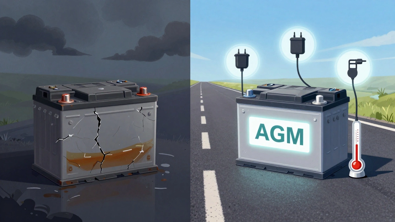 Двухчастная иллюстрация: слева — поврежденный аккумулятор, справа — здоровый AGM с символами зарядки и чистоты.