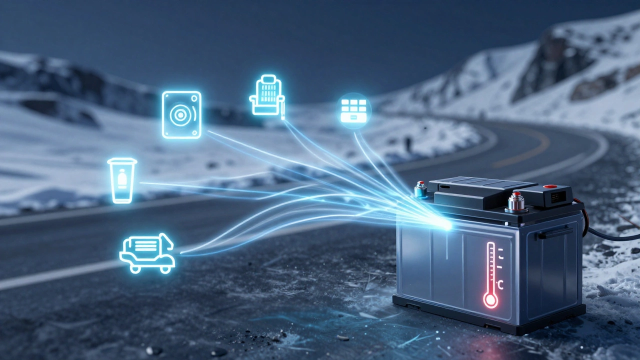 Энергетические потоки от аккумулятора питаются системами автомобиля: аудиосистемой, подогревом и фарами на снежной дороге.