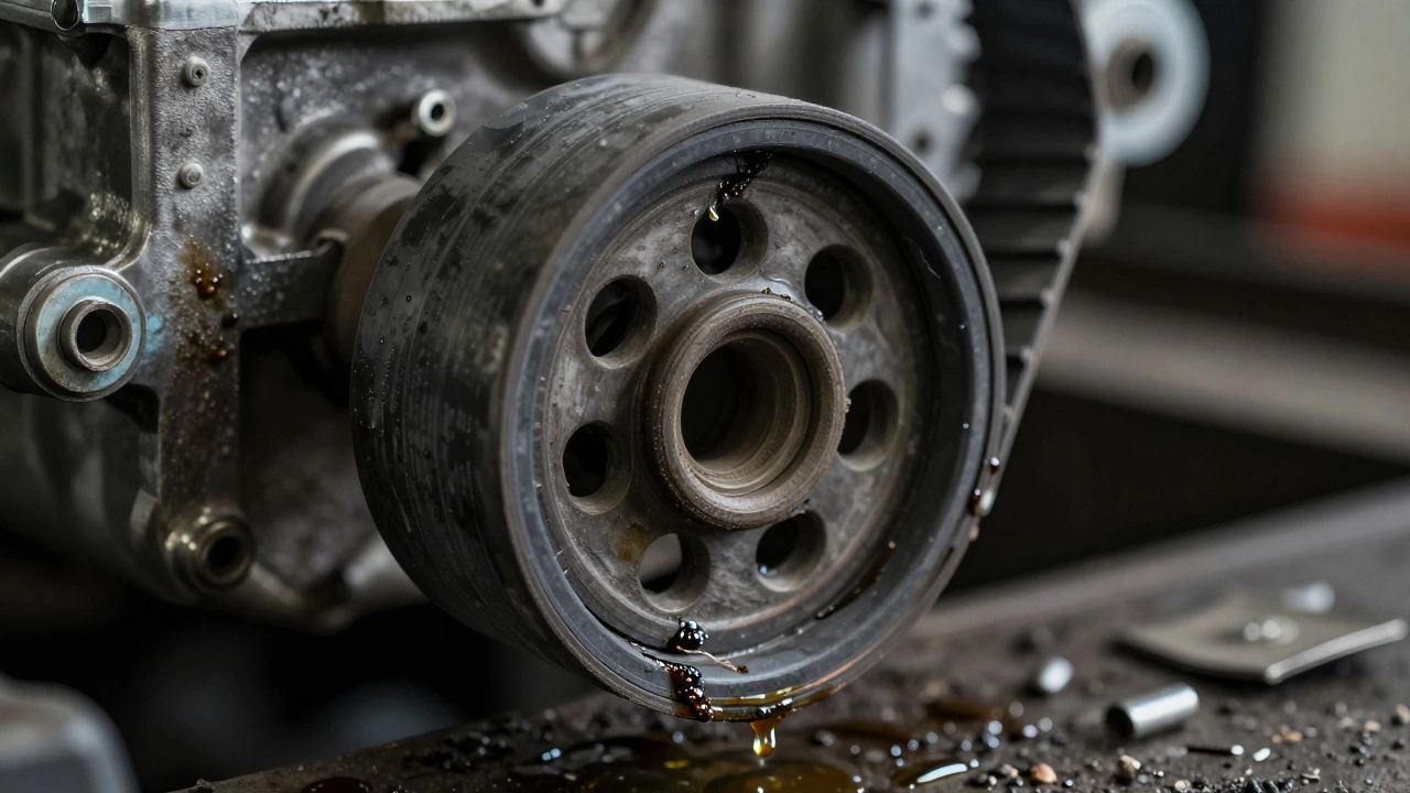 Изношенный и треснутый ремень ГРМ с масляными пятнами и металлическими осколками.