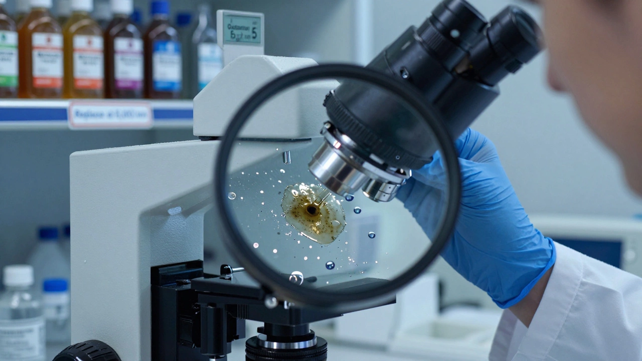 Лаборант рассматривает образец моторного масла под микроскопом с анализом загрязнений.