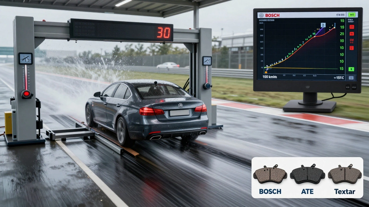 Лабораторный тест тормозов на мокрой дороге, автомобиль тормозит с 100 км/ч, видны брызги и цифровые показатели тормозного пути.