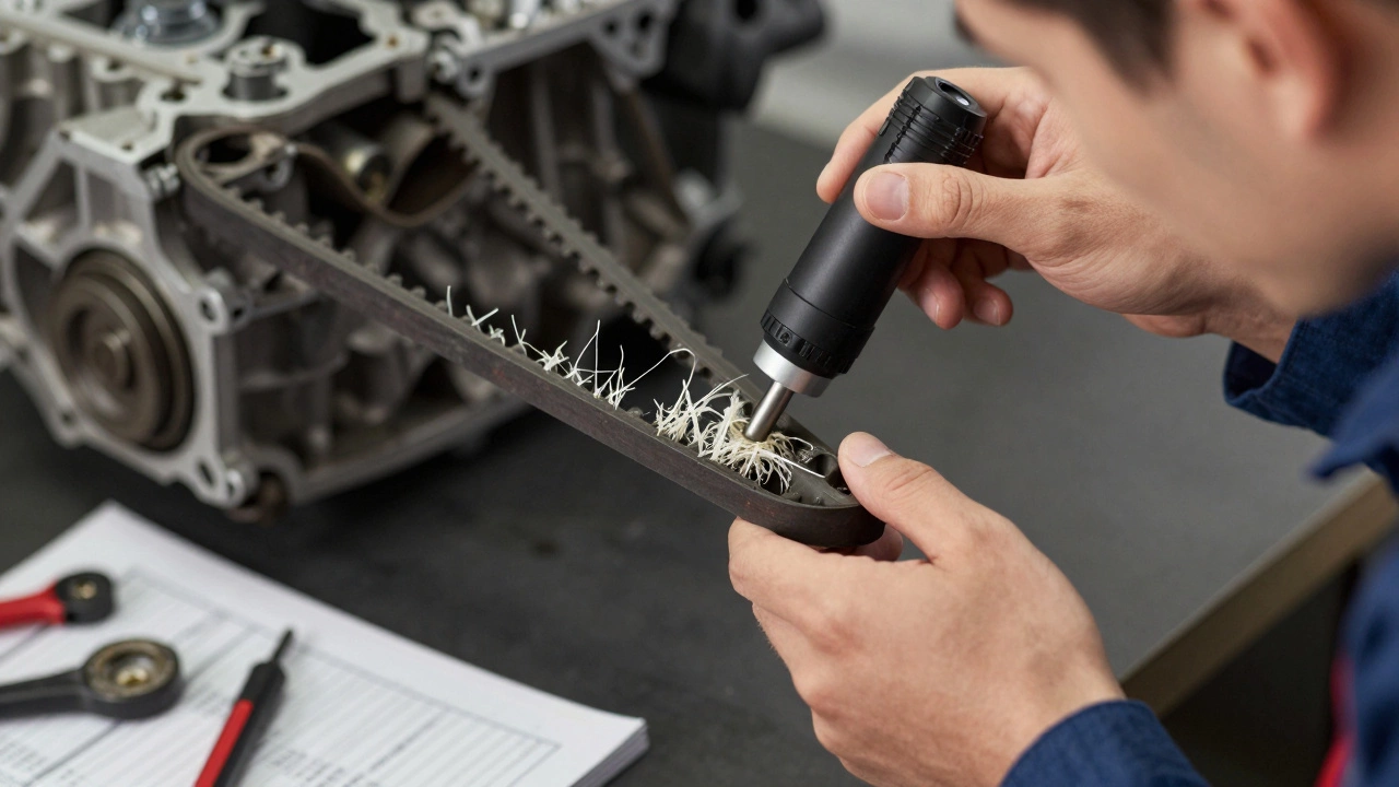 Механик осматривает ремень ГРМ с помощью эндоскопа в автосервисе