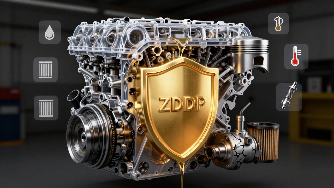 Прозрачный двигатель с изношенными деталями, защищенный золотистым слоем масла с присадками, на фоне забитых фильтров.