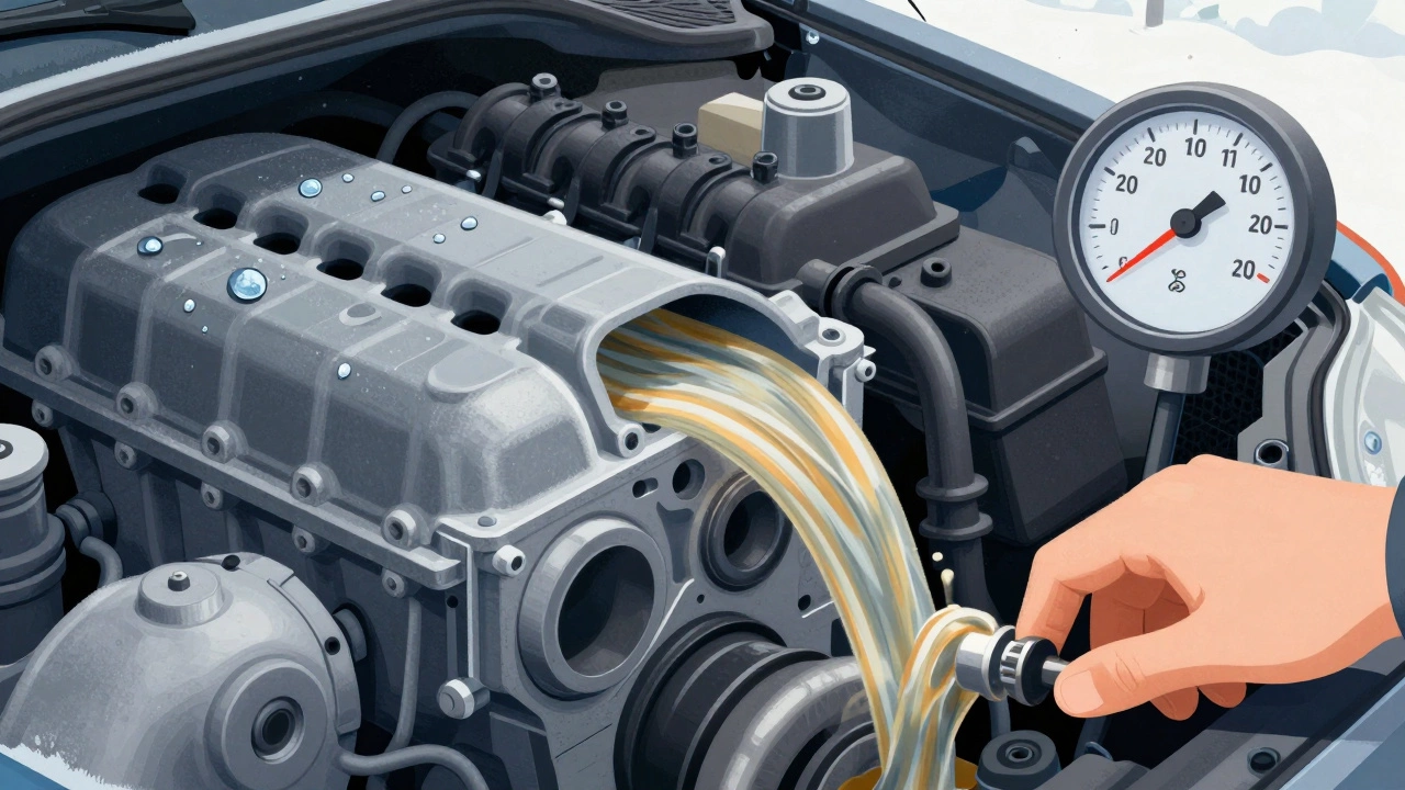 Разрез двигателя зимой: густое масло медленно течет, температура поднимается с -10°C до 70°C.