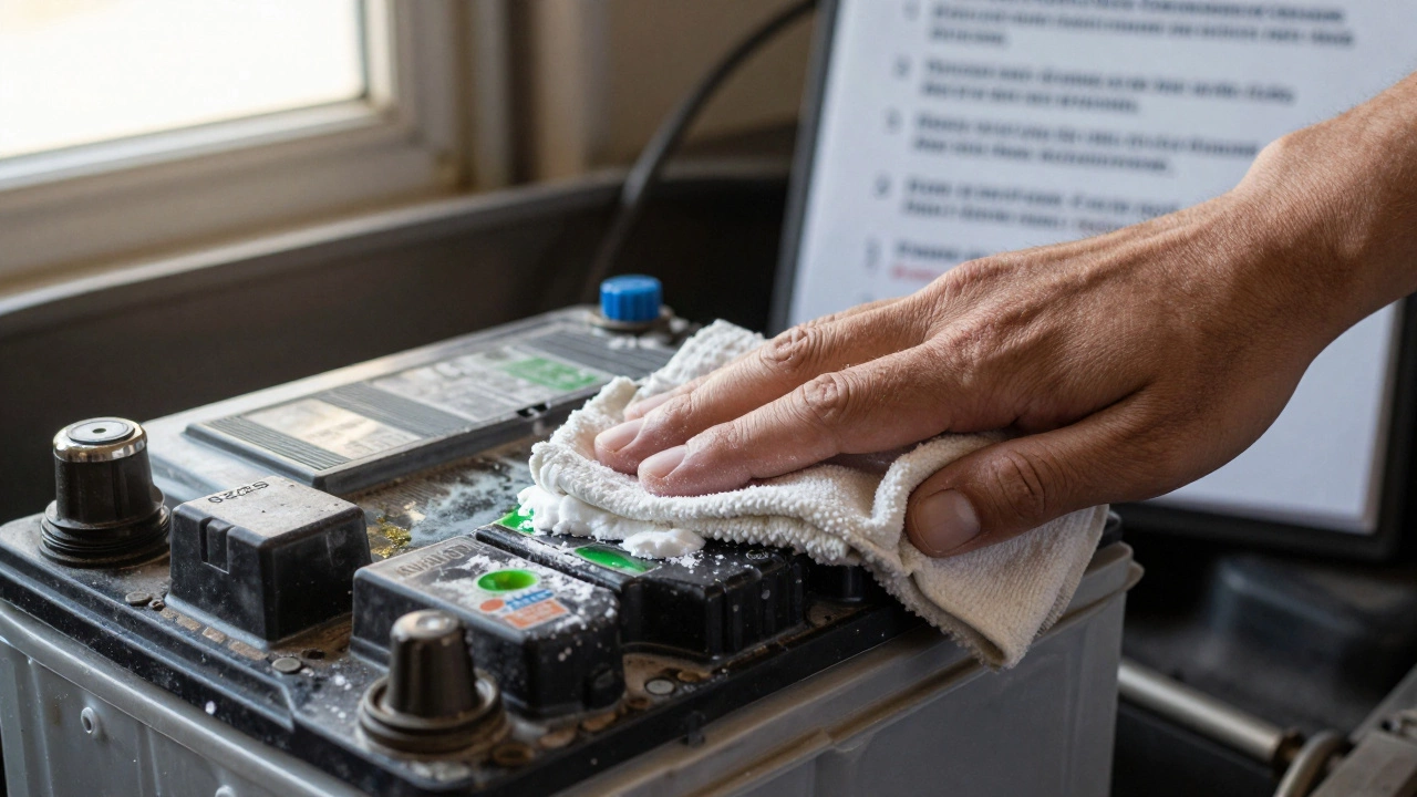 Рука очищает клеммы аккумулятора от коррозии, на корпусе видна дата производства 02/25.