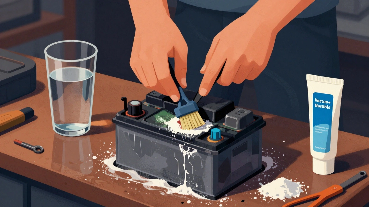 Руки человека очищают клеммы аккумулятора раствором соды, рядом стоят щетка и вазелин.