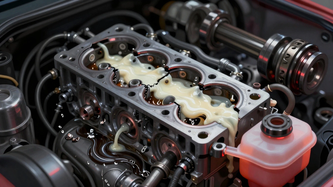 Смесь масла и антифриза в виде пены в резервуаре охлаждающей жидкости, металлическая стружка в масле.