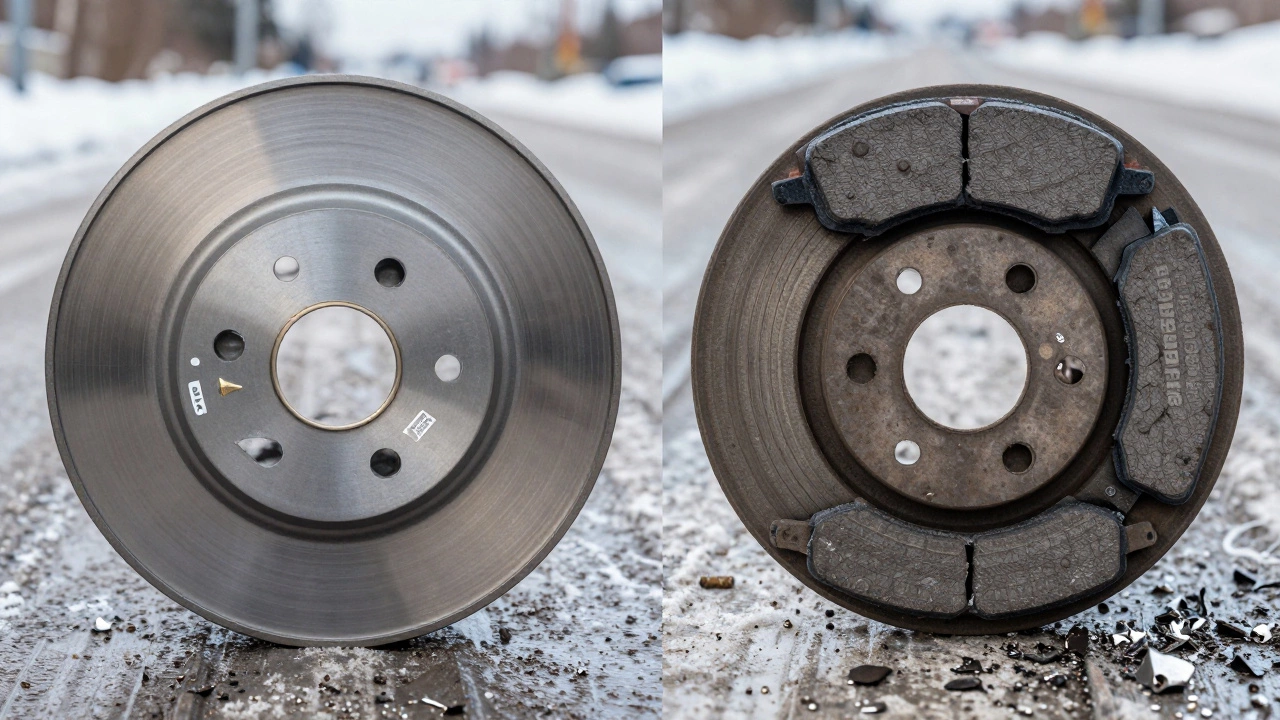 Сравнение качественных и дешевых тормозных колодок: одна — с ровным диском, другая — с трещинами и деформацией на снежной дороге.