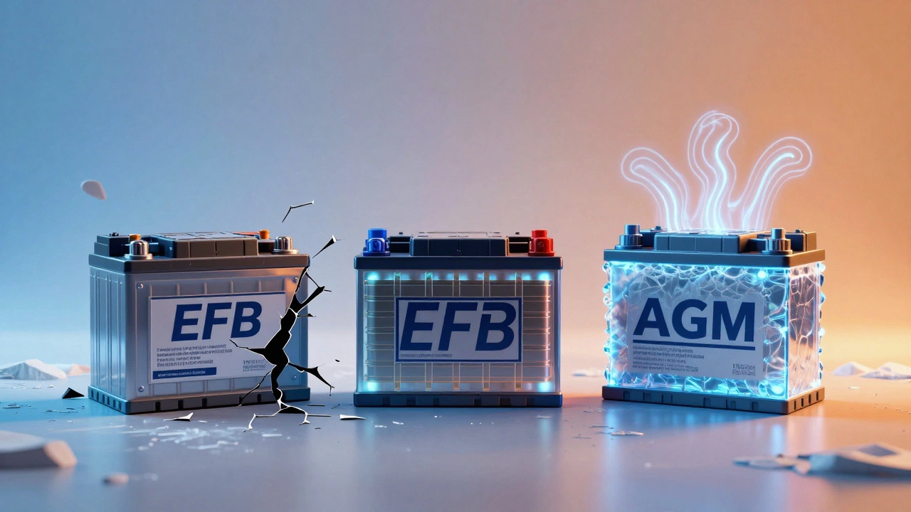 Три типа аккумуляторов: обычный, EFB и AGM, визуально сравниваются по устойчивости к нагрузкам.