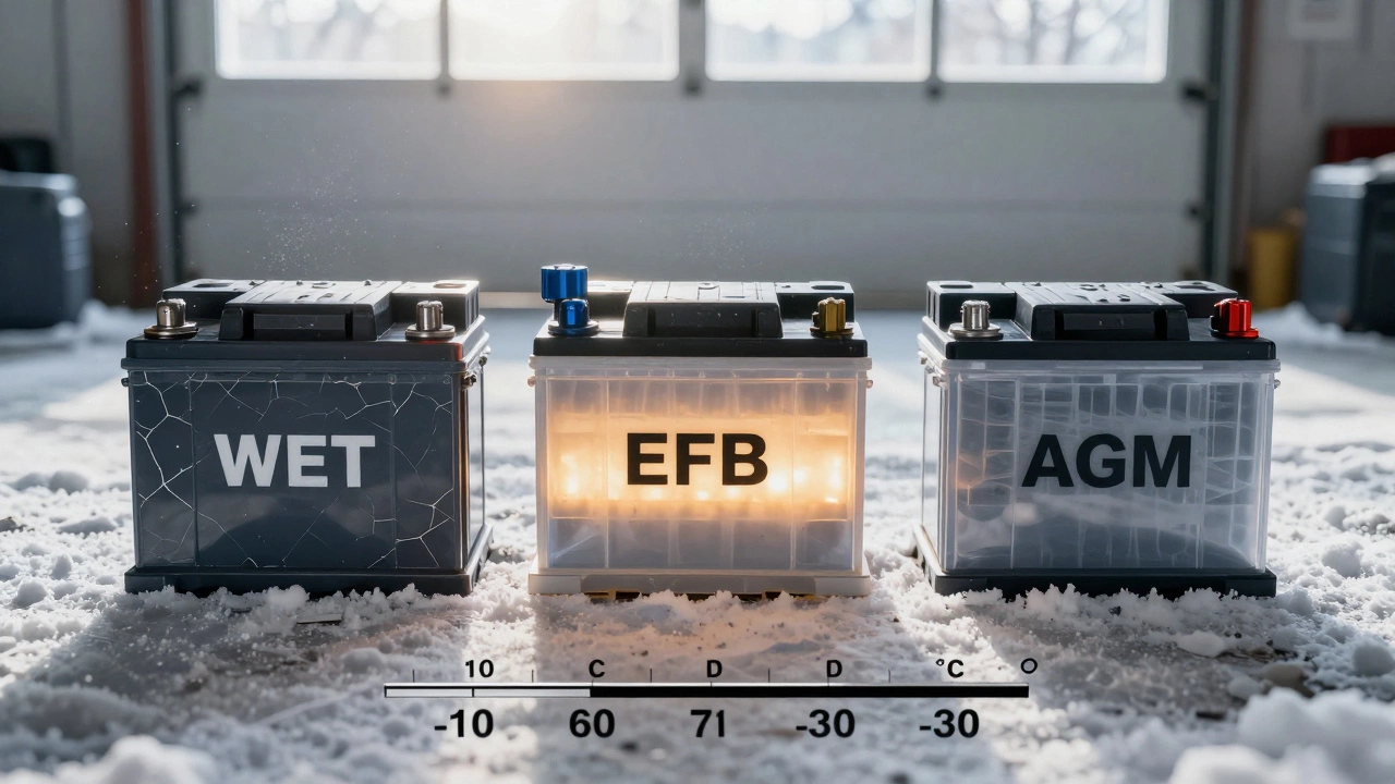 Три типа автомобильных аккумуляторов на снегу: WET, EFB и AGM, с температурной шкалой, показывающей их устойчивость к холоду.