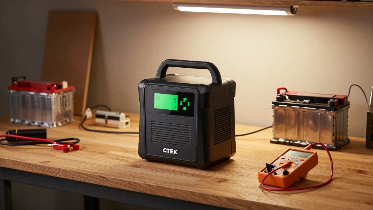 Умное зарядное устройство подключено к аккумулятору в гараже