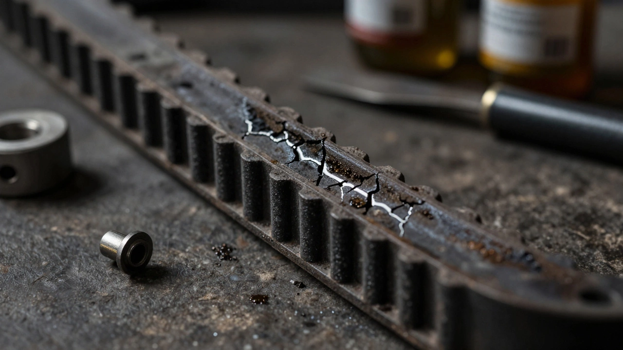 Увеличенный вид изношенного ремня ГРМ с трещинами и масляными пятнами.
