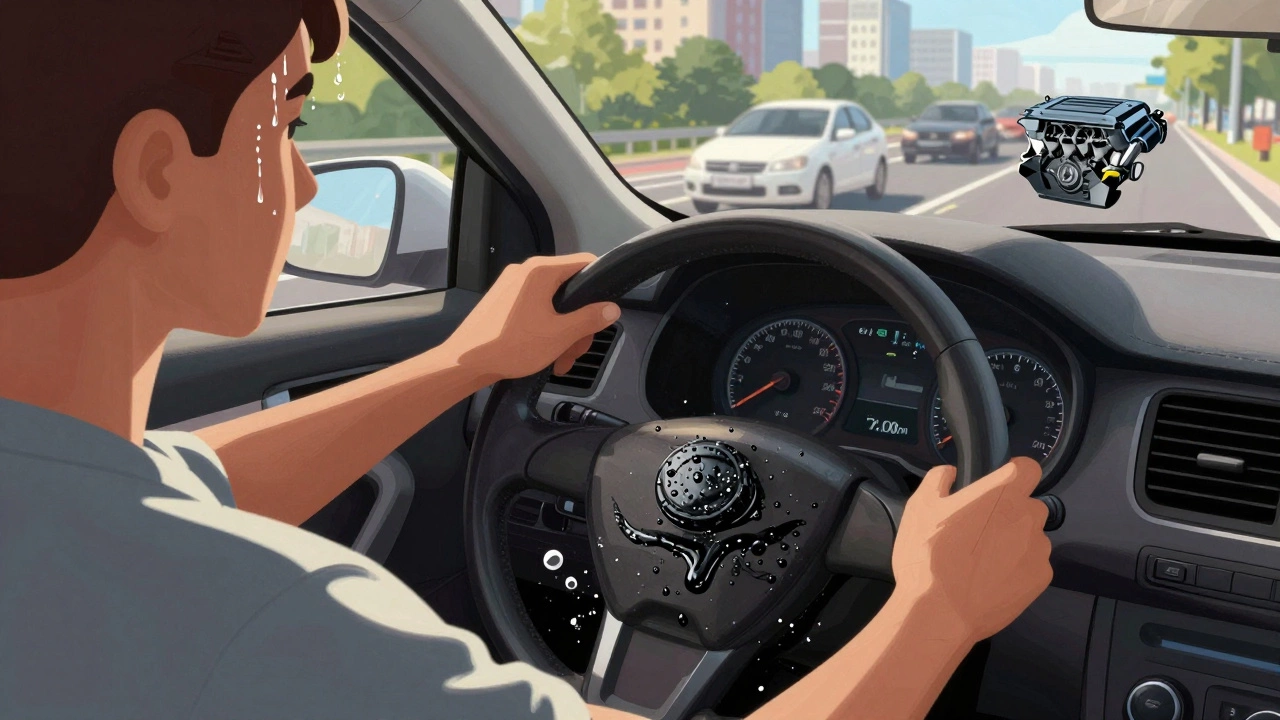 Водитель в пробке, под капотом — загрязнённое моторное масло и конденсат на крышке.